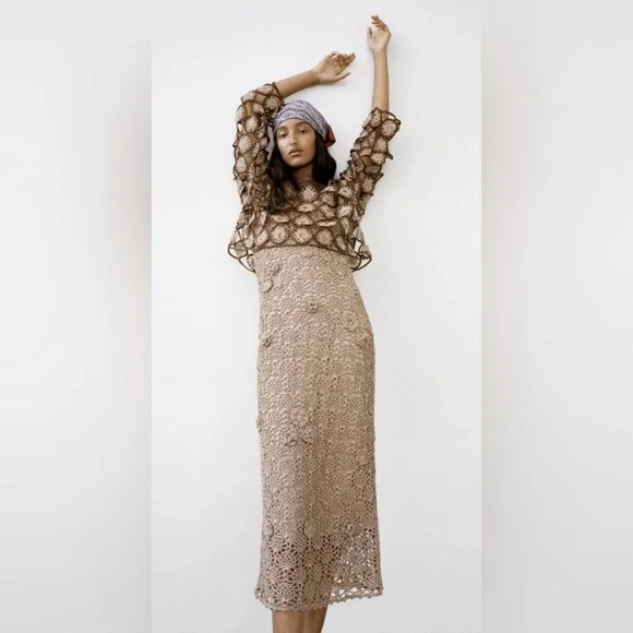 Zara | Dresses | Zara Knit Handcrafted Crochet Floral Tan Midi Dress | Poshmark Zara | Dresses | Zara Knit Handcrafted Crochet Floral Tan Midi Dress | Poshmark